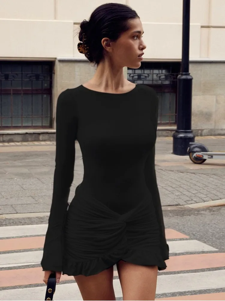 Articat moda manga comprida em torno do pescoço dupla camada plissada saia curta feminina novo temperamento vestido de cor sólida streetwear