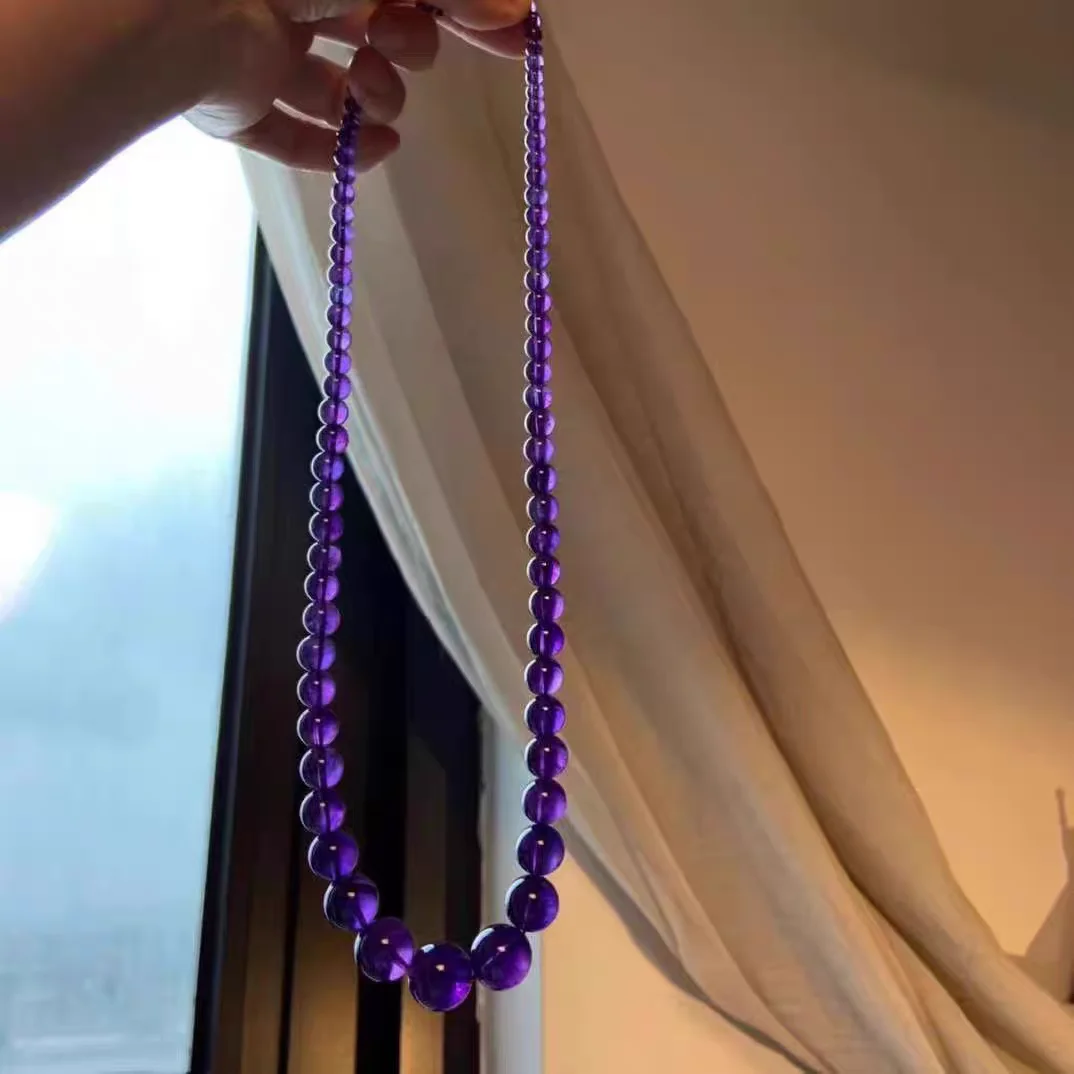Natural Purple Amethyst Bead Necklace 5-10mm Round Beads Chain Pendant Natural Amethyst Necklace AAAAAA