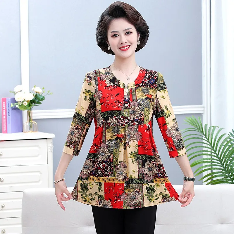 Vintage Printed Casual 3/4 Sleeve Blouse Spring Summer Round Neck Button Female Clothing Stylish Loose Midi Shirt Commute