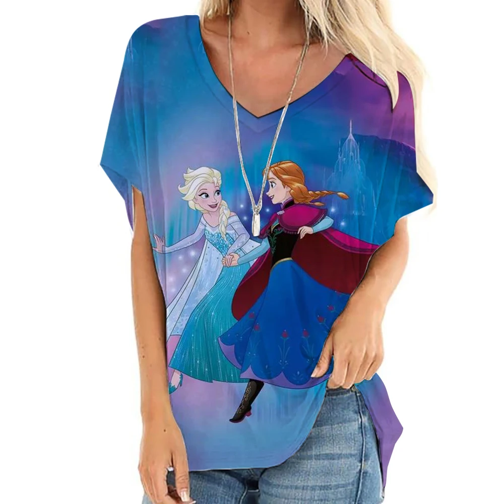 تي شيرت نسائي أنماط أميرات ديزني ملابس علوية على شكل حرف V ملابس نسائية عتيقة جماليات تي شيرت فضفاض كبير الحجم مضحك T Sh