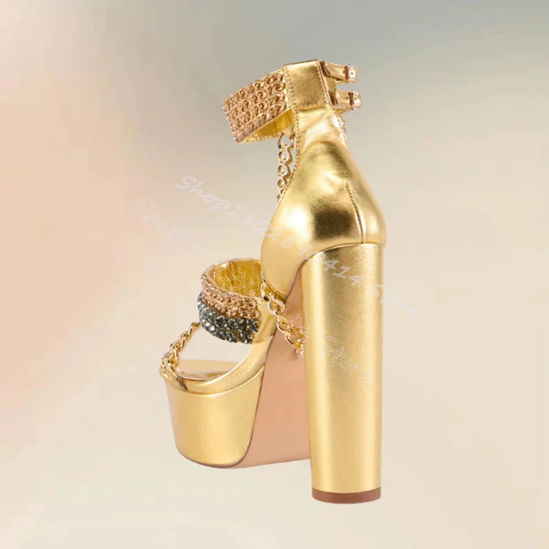 Sandalias con punta de plataforma abierta Para mujer, Zapatos de tacón alto grueso con hebilla y cadena dorada, decoración de cristal, fiesta, 2024