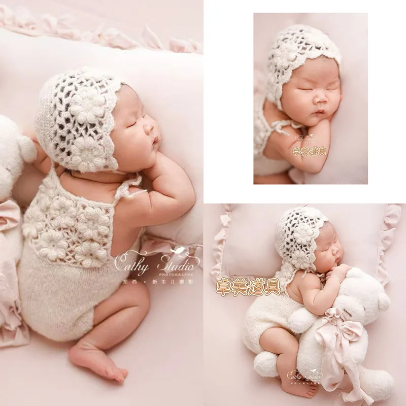 ❤️Newborn Photography Clothing Mohair Crochet Hat+Jumpsuits 2Pcs/set Studio Baby Girl Photo Props Accessories Clothes Outfits