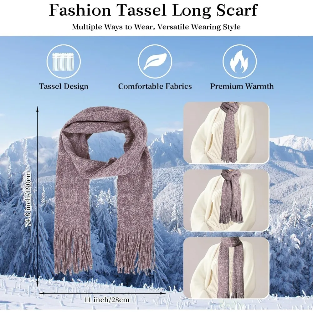 الشتاء الدافئة قبعة صغيرة قفازات لمس طقم وشاح طويل للنساء مع عقال، قبعة متماسكة الأوشحة مع شرابة للنساء