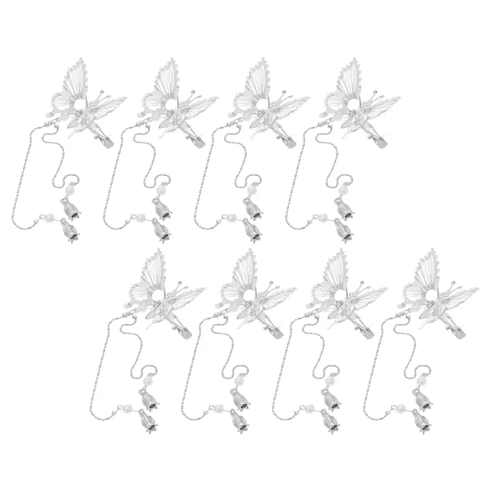 

8pcs Tassel Butterfly Hair Clips Metal Flutter Movement Quick Styling Side Clip Silver Glitter Women's Hair