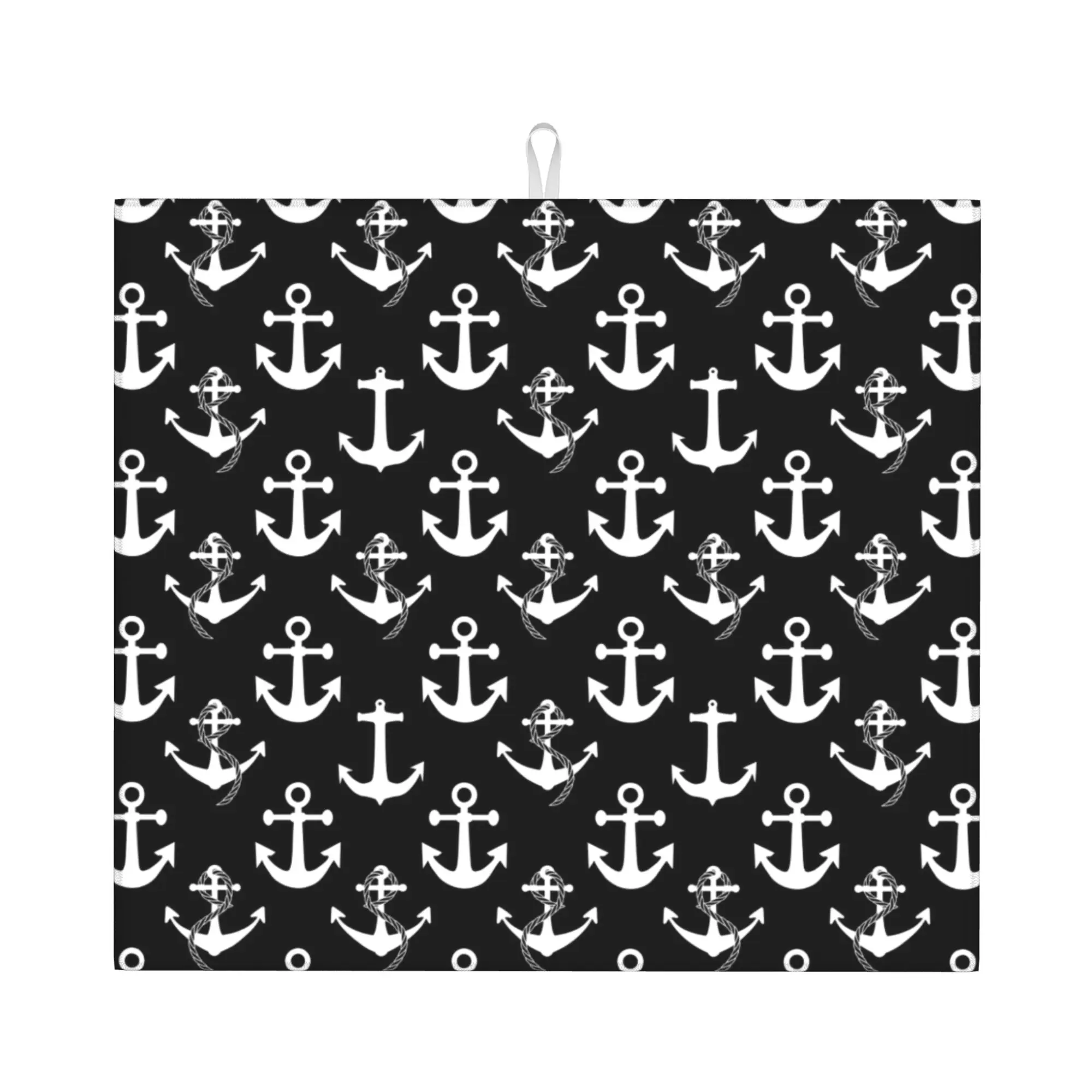 Drying Mat For Kitchen Black and White Nautical Anchor Pattern Reusable Sailing Sailor On Slip Kitchen Counter Protector Mat