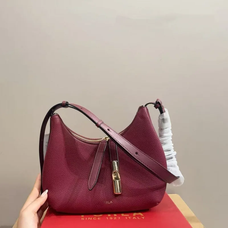 Fashion Women's Lychee Texture Half Moon Hobo Underarm Bag Elegant Saddle Bag With Lock Versatile Tote Top Handle Shoulder Bag