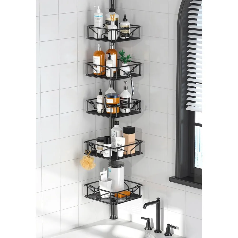 

5-Tier Adjustable Corner Shower Caddy with Hooks, Rustproof Tension Pole 62-116 Inch, Black