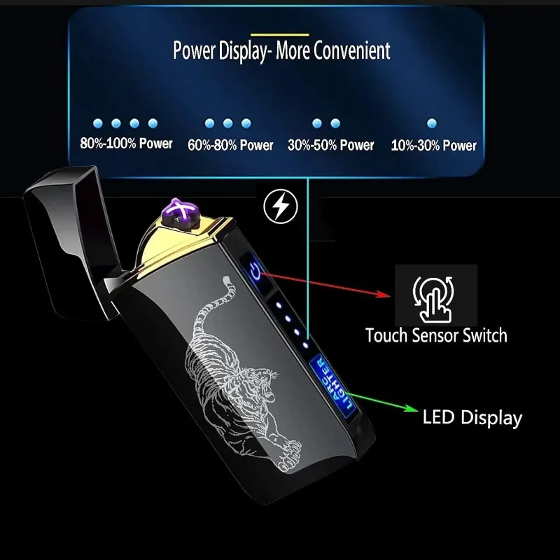 HOT Sell Metal Smart Windproof Electric Lighter Flameless Plasma Lighter Double Arc Usb Rechargeable Led Power Display Touch view 4