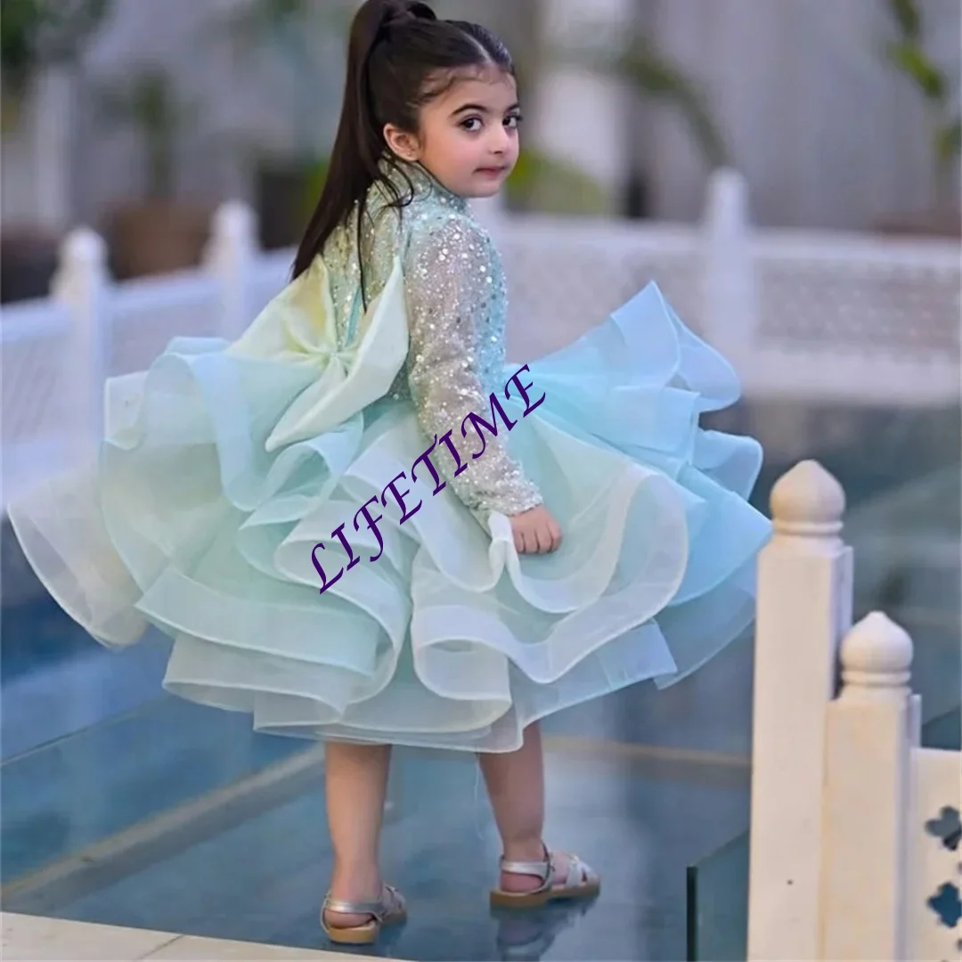 Personalizado adorável brilhante lantejoulas vestido da menina de flor para o casamento alta pescoço mangas compridas puff babados na altura do joelho vestidos meninas birt
