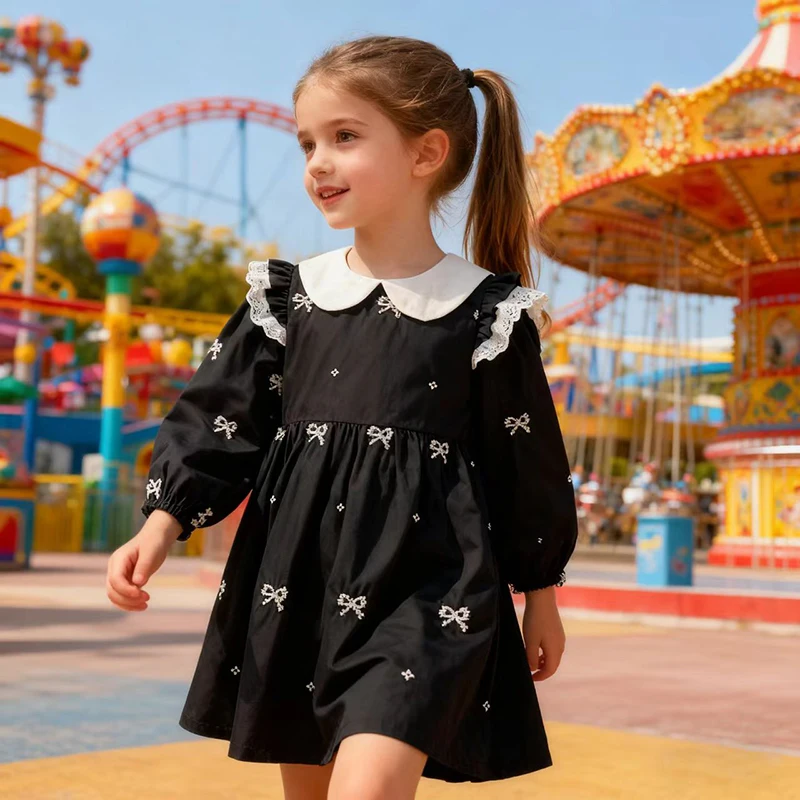 Frühling Kinder Baby Mädchen Langarm Stickerei Blume Prinzessin Kleid Herbst Neue Schwarze Mädchen Süße Kleid Kinder Kleidung Kleider