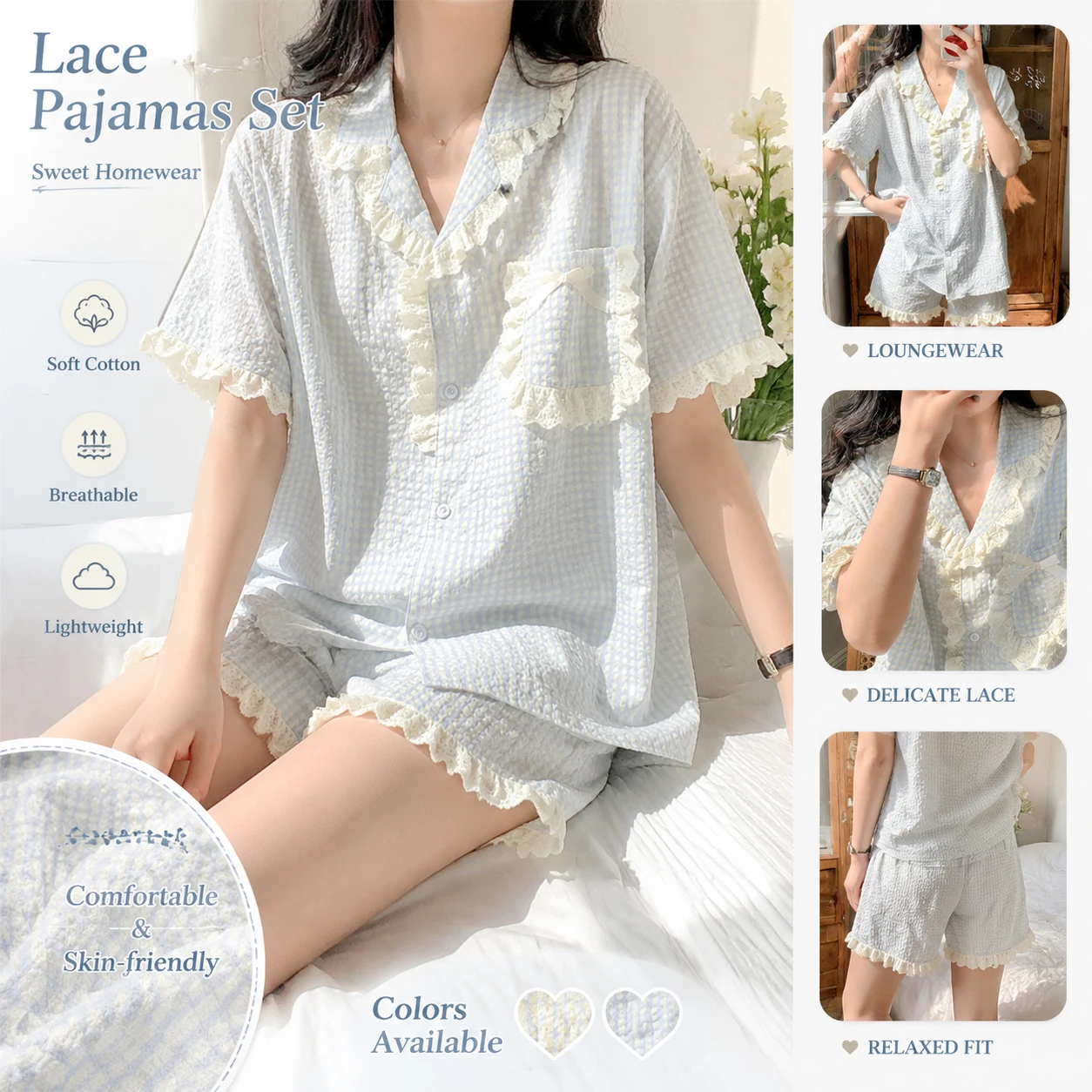 Pajama Set Short Sleeve Loose Loungewear Summer Cute Homewear Nightwear Comfortable Lightweight Two Piece Soft Breathable
