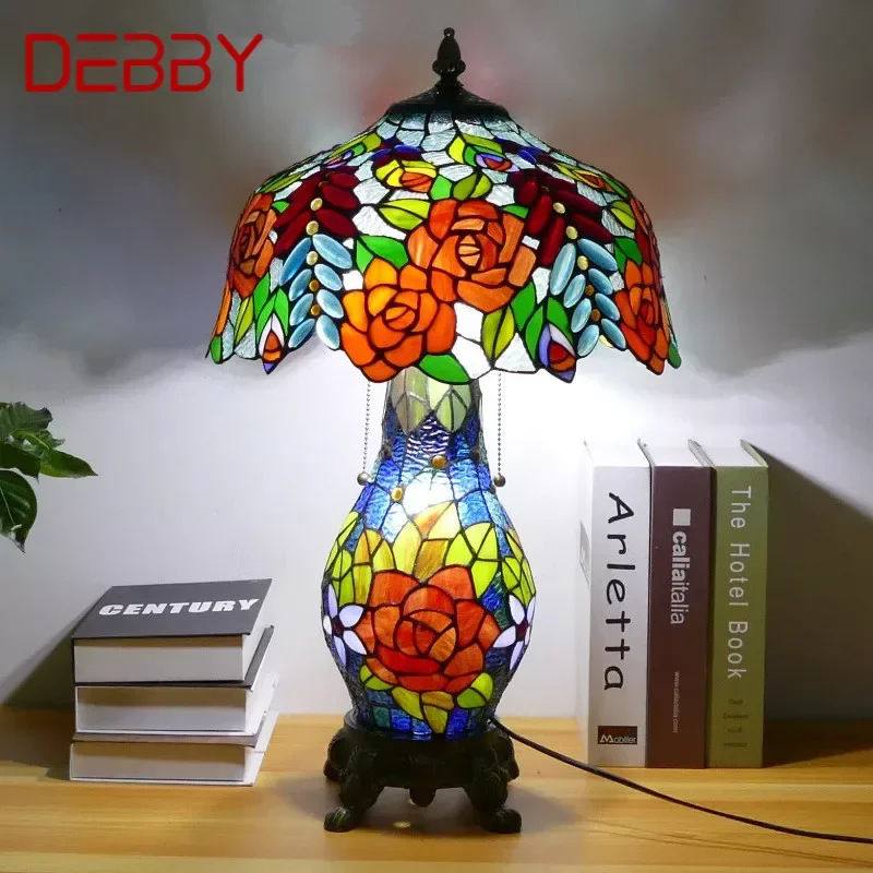 DEBBY lampa stołowa Tiffany amerykański Retro salon lampka do sypialni luksusowej willi hotelowej witrażowej lampy szklane biurko