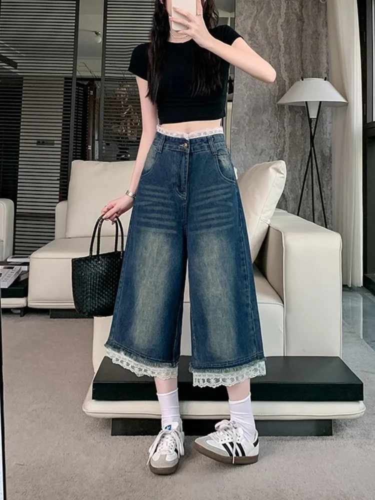 여름 여성용 미국 레트로 레이스 패치워크 블루 패션 청바지, 하이웨이스트 슬리밍 와이드 레그 크롭 팬츠