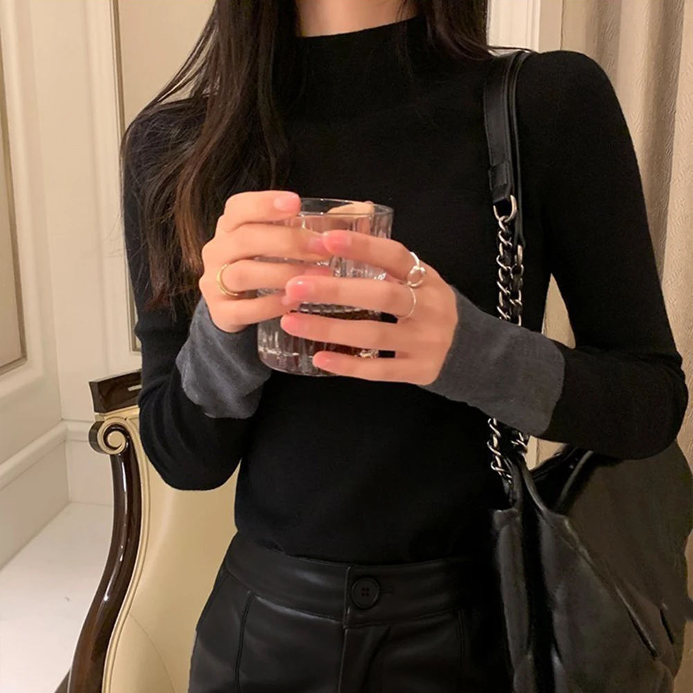 ท็อปส์ซูพื้นฐาน ท็อปส์ซูสีตัดกัน ลําลอง ท็อปส์ซูเข้ารูป เสื้อผ้าตัวยาวปกติ ดีไซน์ลวดลายสีทึบ สวมใส่ได้ทุกวัน