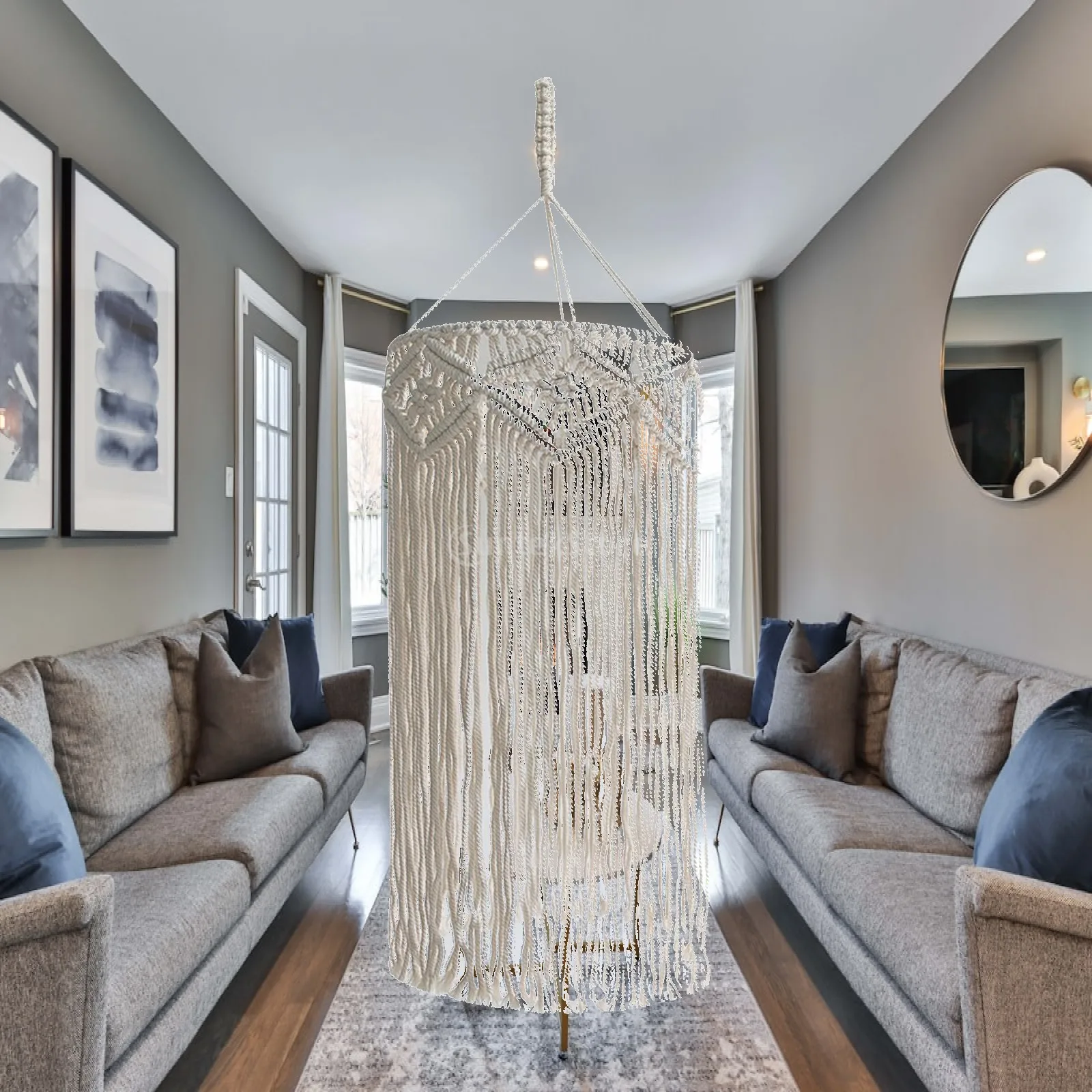 Handmade Macrame Lampshade Boho Pendant Light Cover Cotton Rope Ceiling Shade for Modern Living Room Bedroom Nursery Decor
