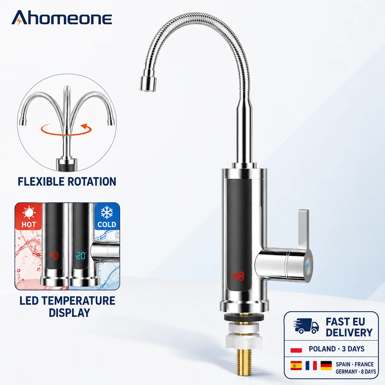 Image of Elektrischer Wasserhahn 3000W Sofortige Erwärmung Heiß-Kalt Dual-Nutzung LED-Anzeige 360° ° Drehbarer Wasserhahn für Küche und Bad mit Auslaufschutz und Einstellbarem Heißwasser