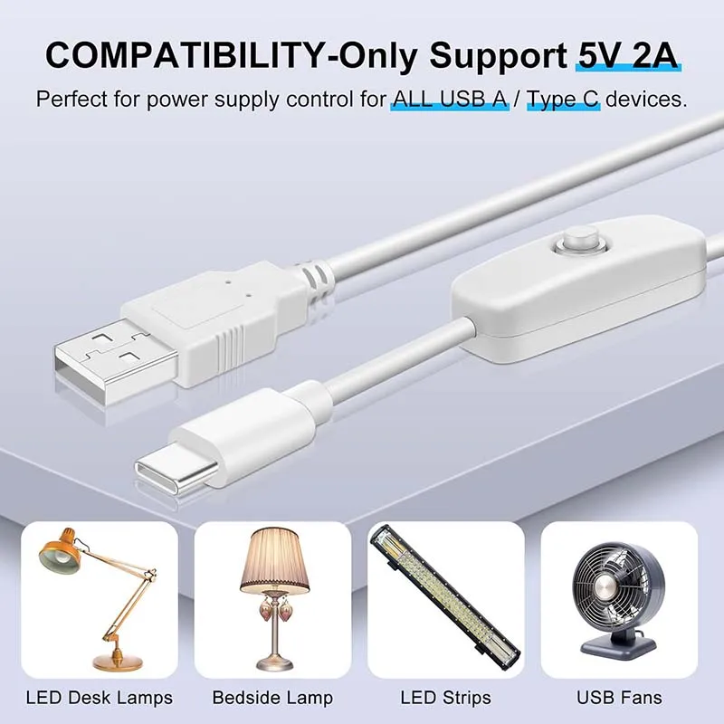 DC 5V USB To Type C Switch Cable  Charging Line USB Extension Power Supply Wire White Black On/Off Power Switches For Phone Fan