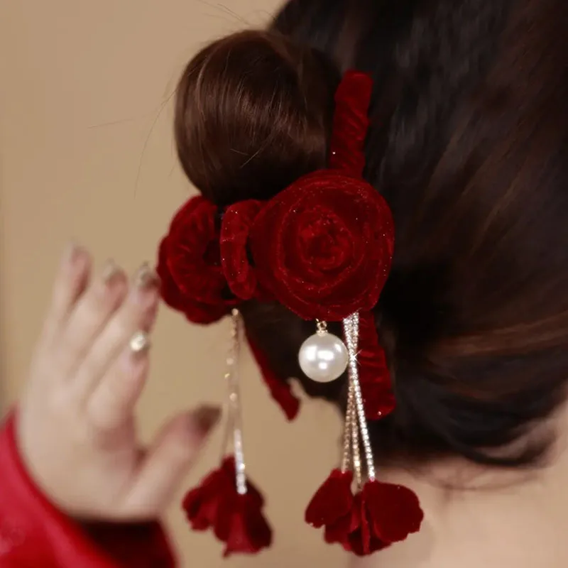 

New Red Rose Butterfly Fringe Hair Clip Back of The Head Large GraspingClip Senior Shark Clip Women's Fashion Headdress