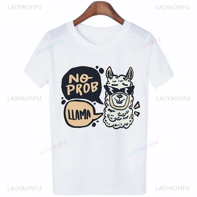 Woman Summer Fashion No Prob Llama Fun Cotton T Shirt Leisure Streetwear Lovely Alpaca Female Tee Fashion Aesthetic Print Tops