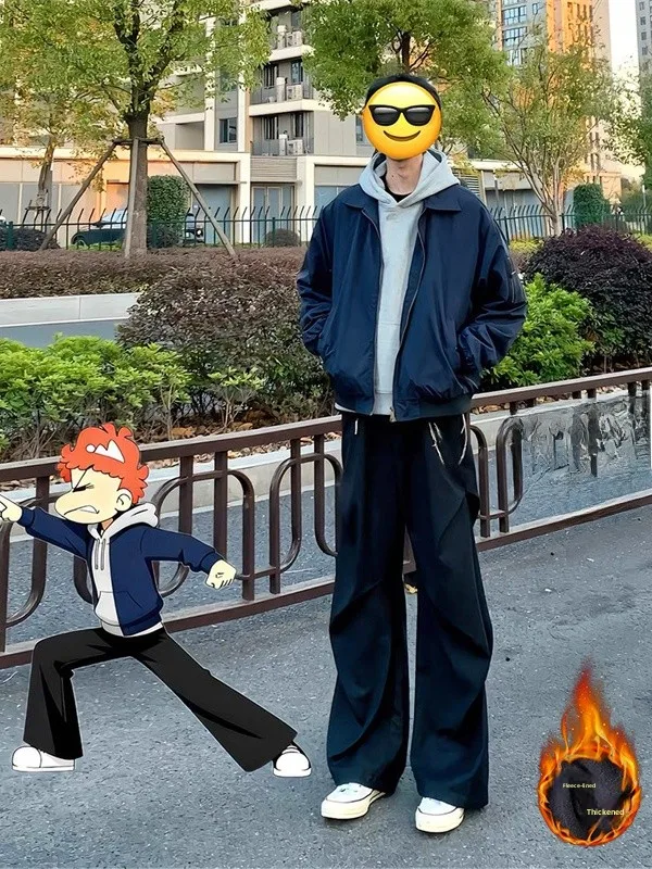 

Мужские утепленные брюки-клеш с подкладкой, теплые, прямые, модные зимние повседневные брюки, молодежные трендовые черные брюки-костюм