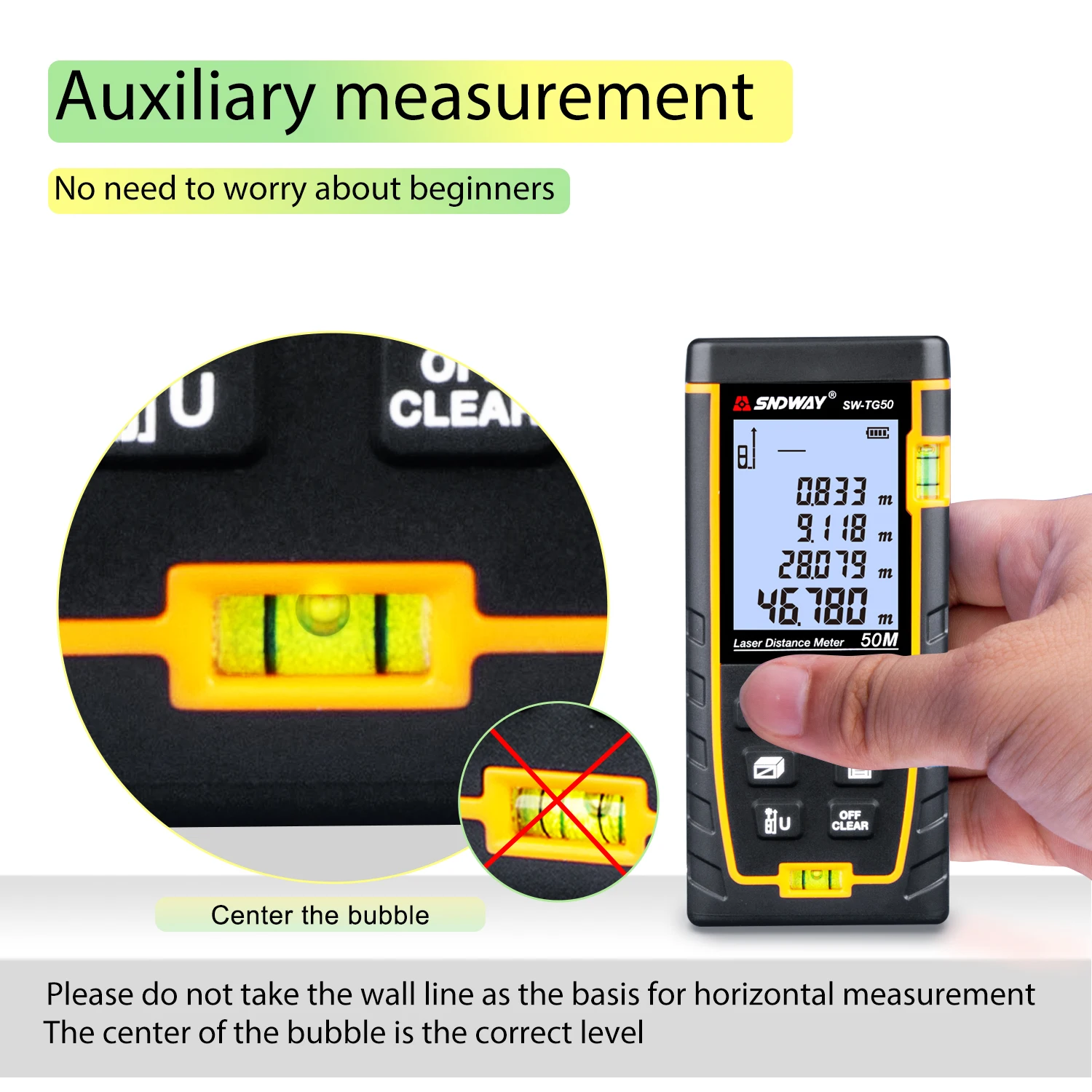 SNDWAY Laser Distance Meter Double Bubble Rangefinder Measure Tape Laser Diastimeter 50M Laser Range Finder