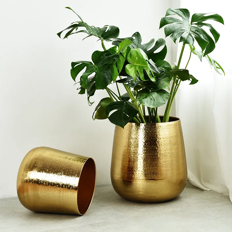 

India imported handmade hammer pattern gold flower pot modern light luxury living room wide mouth floor flower ware model house