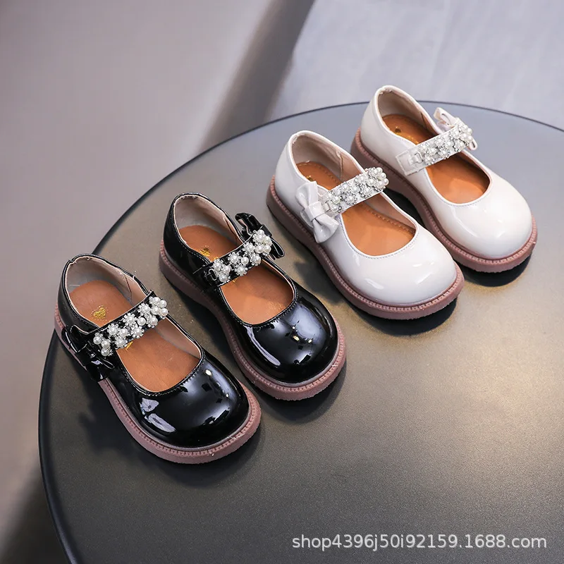 New Princess Flat Children's Shoes for Girl Black Mary Jane Loafers Sneakers Kids Party Shoes Student Pearl Leather Shoes 6 Year