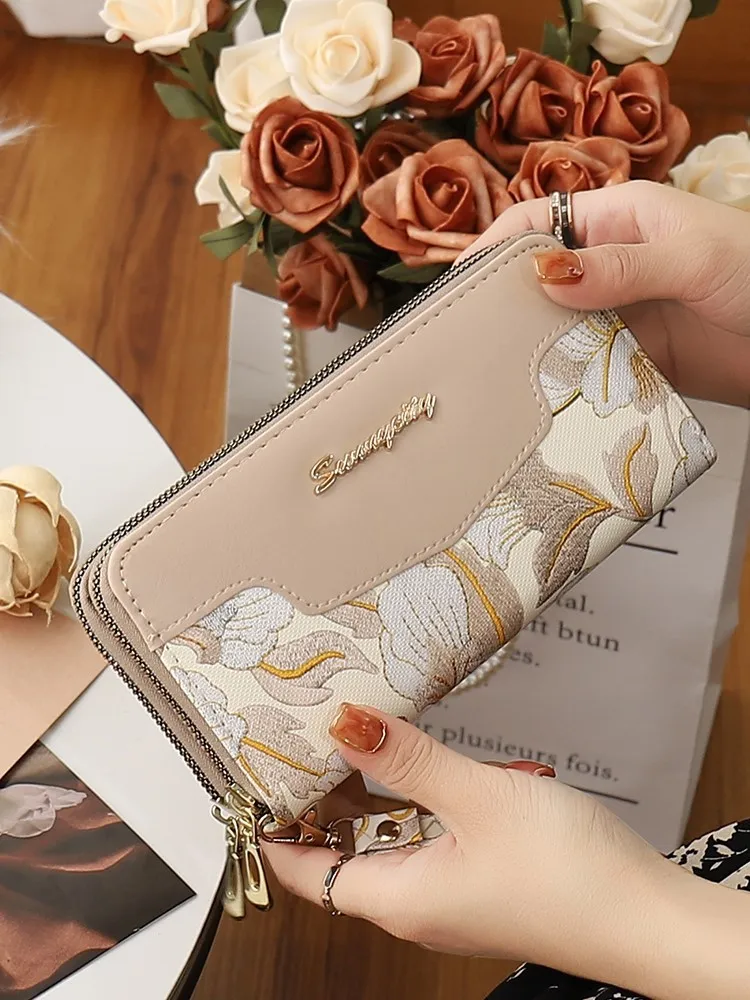 fashionable-long-wallet-for-women-bhj-korean-style-multi-card-document-bag-elegant-print-large-capacity-youth-zipper-closure