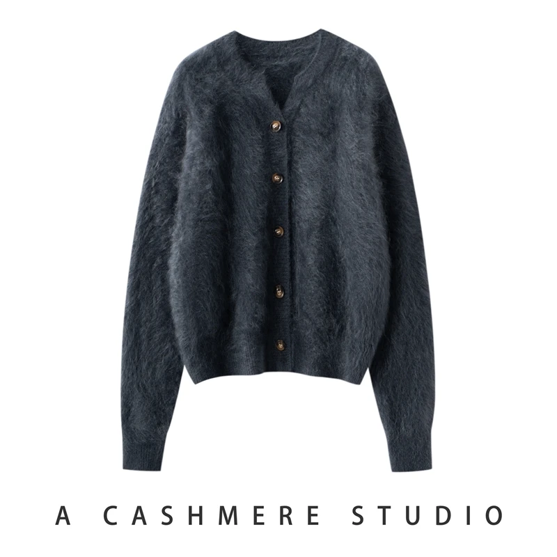 CHICUU Women 100% Cashmere Sweater V-neck Fluffy Brushed Cashmere Cardigan Autumn Winter Luxury Simple Style Cashmere Knitwear