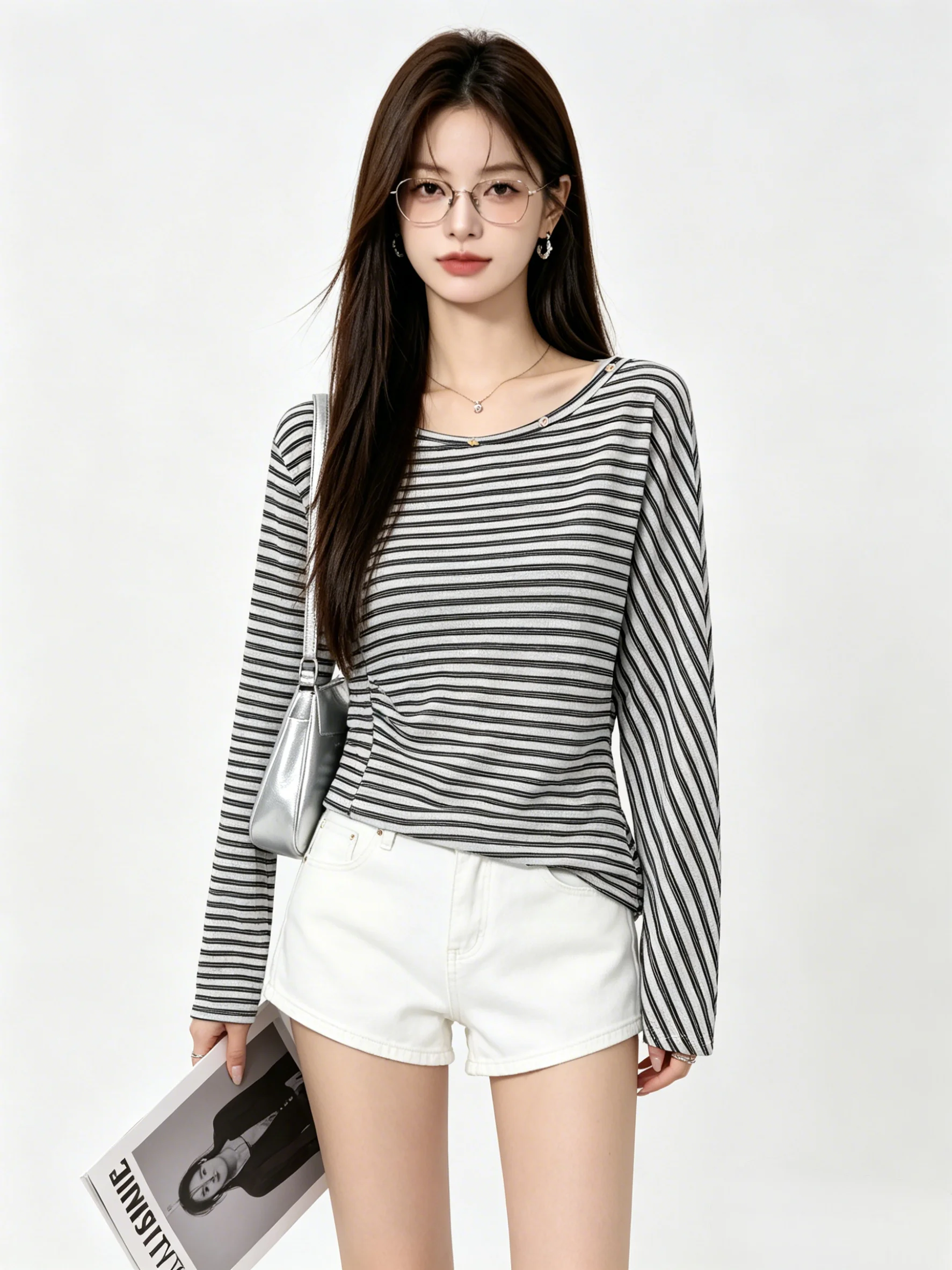 

Casual Style Long Sleeve T-Shirt Wrinkles Slimming Top Commute Classic Stripes Color Block Shoulder Design Women's Summer Shirt