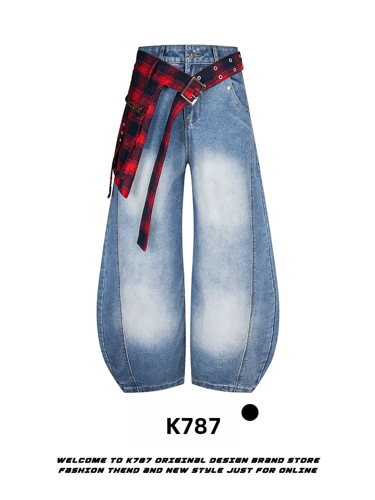 

K787 American Retro Plaid Scarf Splicing Wide Leg Jeans Casual High Waist Loose Straight Cut Jeans for Men Summer Wear