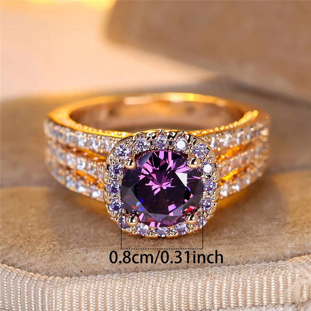 Vintage Female Purple Crystal Jewelry Cute Gold Color Wedding Stone Rings For Women Luxury Engagement Valentines Day Gift