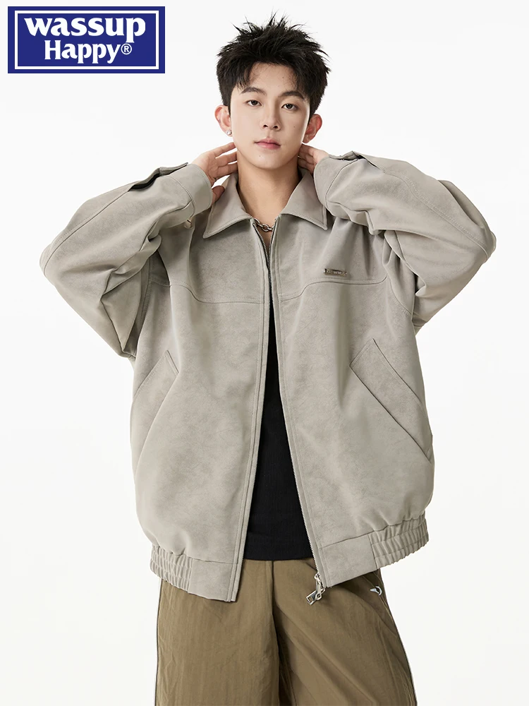 

Wassup Happy American Retro Leather Jaet Men's Spring Autumn Trendy Brand Cool High-End Feel Stand Collar Motorcycle Coat