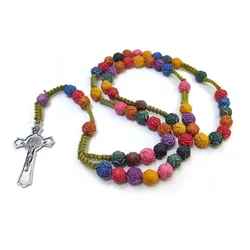 QIGO Mix Color Plastic Rose Rosary Pendant Crucifix Cross Necklace For Men Women Religious
