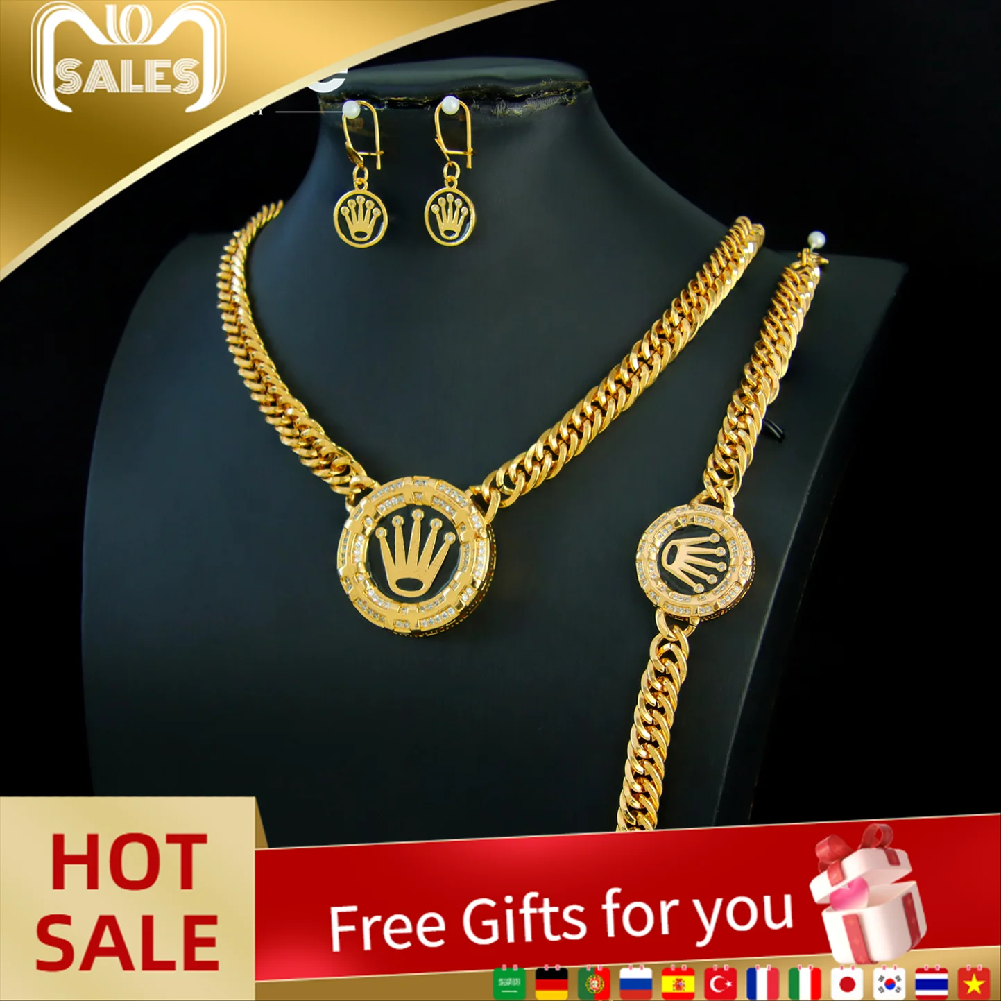 

Luxury Dubai Gold Color Necklace Set 21k Gold Plated Italian Fashion Cuban Chokers Saudi Women Event Party Jewelry