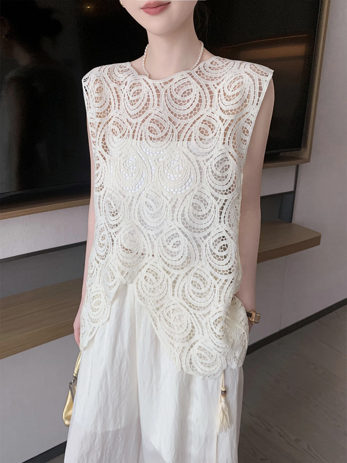 

SUSUSUS женский круглой кружевной жилет нестандартного дизайна из полиэфирного волокна, верхняя одежда средней длины для поездок на работу, топ