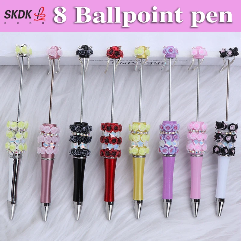 

8шт DIY ручка с цветочным бисером-шариковая ручка со стразами ручной работы, милая вращающаяся пластиковая ручка для девочек