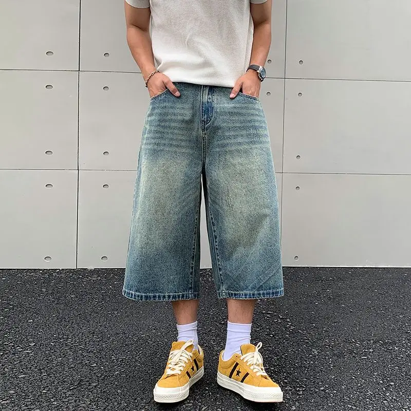 

2026 Summer American Retro Lightweight Jeans Men's Straight Tube Loose Wide Leg Shorts Y2k Street Hip Hop Wide Leg Denim Trouser