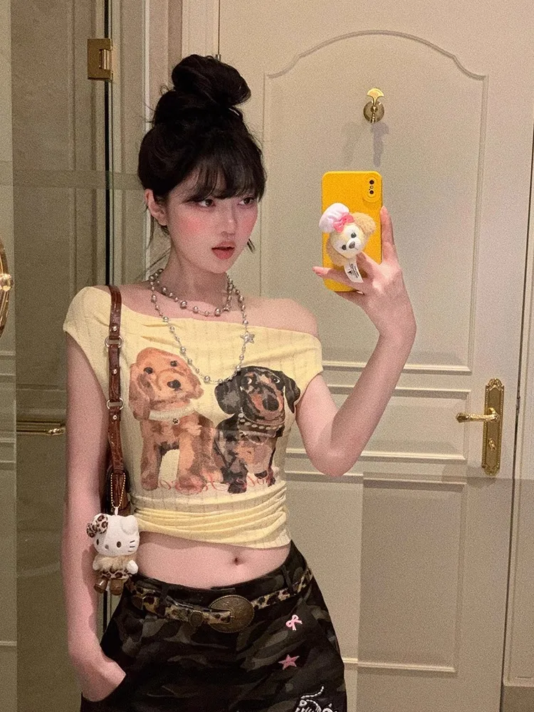 American Style Dog Print Shoulder T-Shirt Women Summer Pure Desire Sexy Spicy Slim Fit Short Style Small Top Korean Version