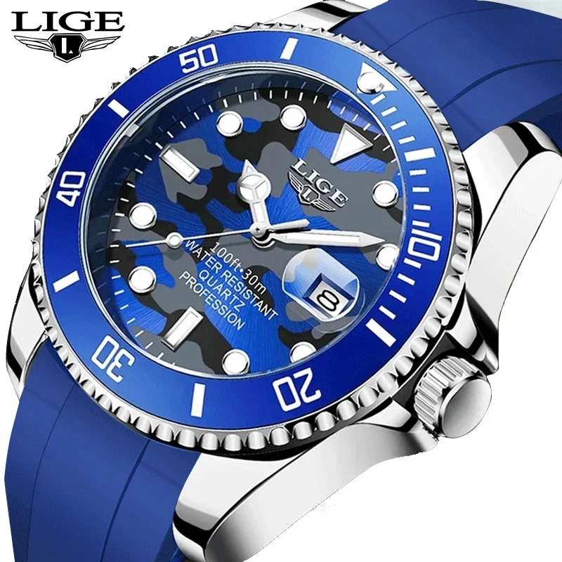 LIGE Navy Blue Camouflage Men Watch Sports Silicone Waterproof Quartz Wristwatches Luminous Male Clock Relogio Masculino+Box