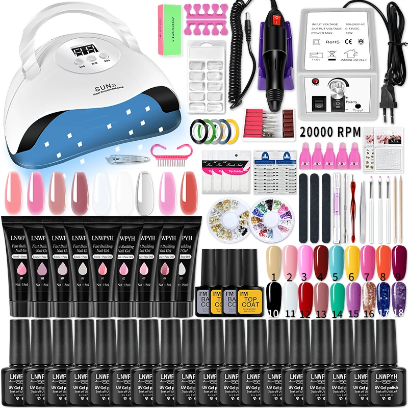 

Gel Nail Polish Kit with 9PCS Poly Extension Gel LED Lamp Dryer 18 Colors Semi Permanent Gel Varnish Base&Top Coat Nail Tool Set
