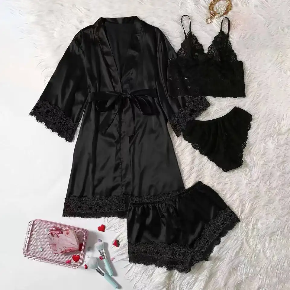 4PCS Women\'s Long Pajamas Set White Lace Satin Silk Night Lingerie Tops And Shorts Casual Sleepwear Loose Wedding Home Gown