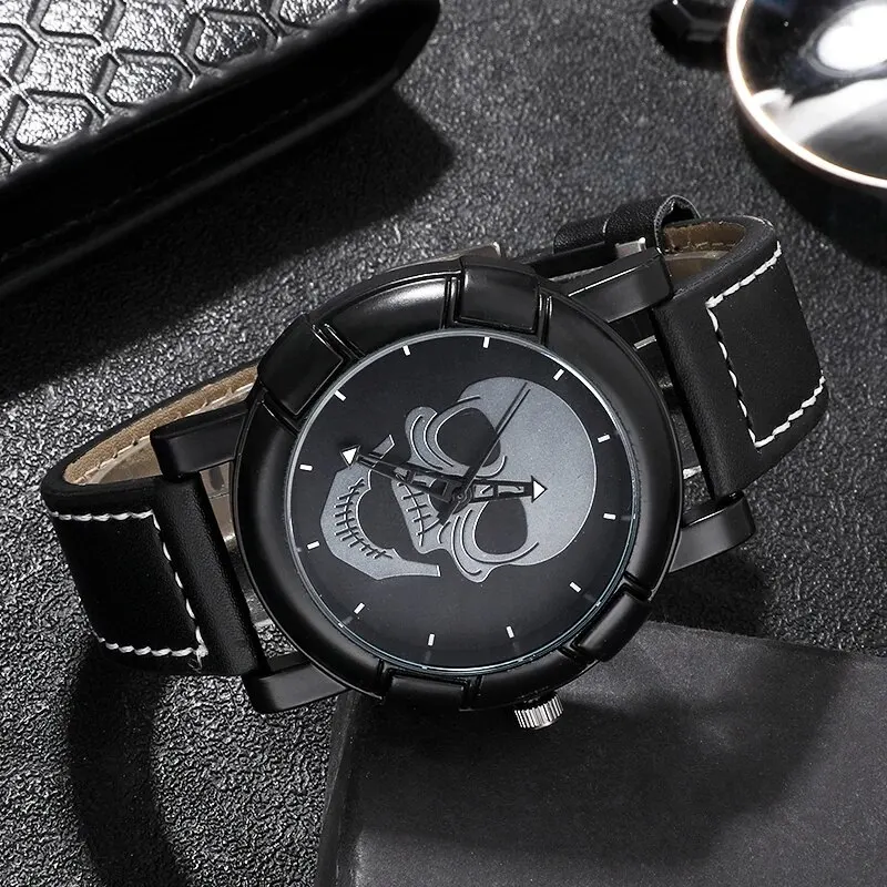 New Fashion Skull Watch Set Men Casual Sports Watches Men\'s Leather Strap Quartz Wrist Watch Fashion Business Men Watch Relogio