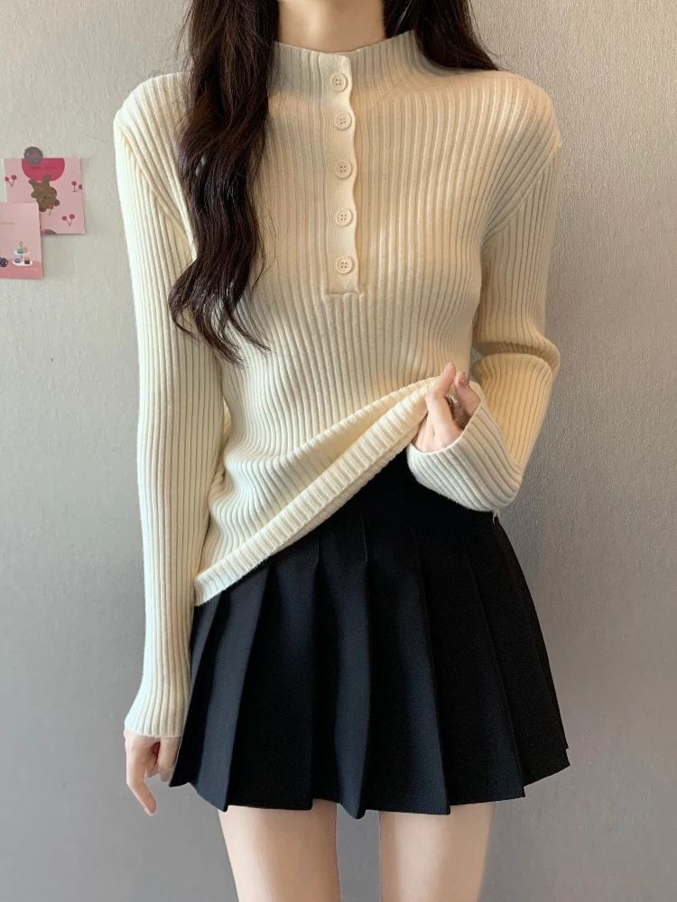 

Slimming Design Knitted Sweater Women's Inner Wear Half High Collar Spring Autumn plus Size Fashionable Striped Base Shirt Top