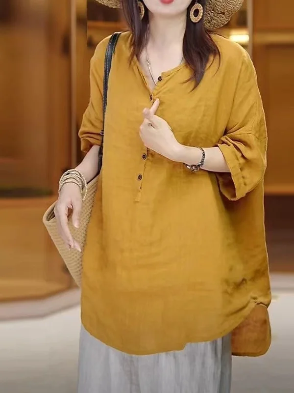 

Retro Artistic Casual Linen irt Loose Fit Medium Length Batwing Sve round Ne Casual Wear Summer New Sle plus Size