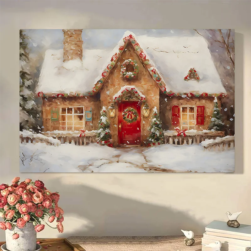 Framed Rustic Gingerbread House Canvas Art Painting Christmas Wall Decoration Oil Paintings For Home And Bedroom Decoration