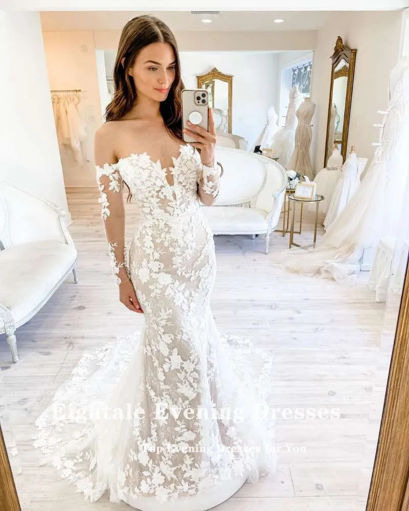 Eightale Romantic Wedding Dress 2022 Sweeteart Appliques Lace Long Sleeves Bridal Gown Mermaid Wedding Gown- Custom Made