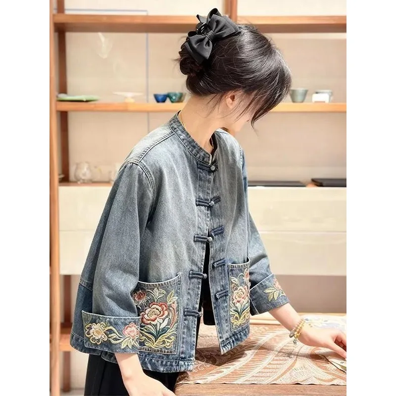 

Blouse Jacket Denim Women's Spring/Autumn Elegant Premium New Chinese Style Embroidery New Comfortable Fashionable Distinctive
