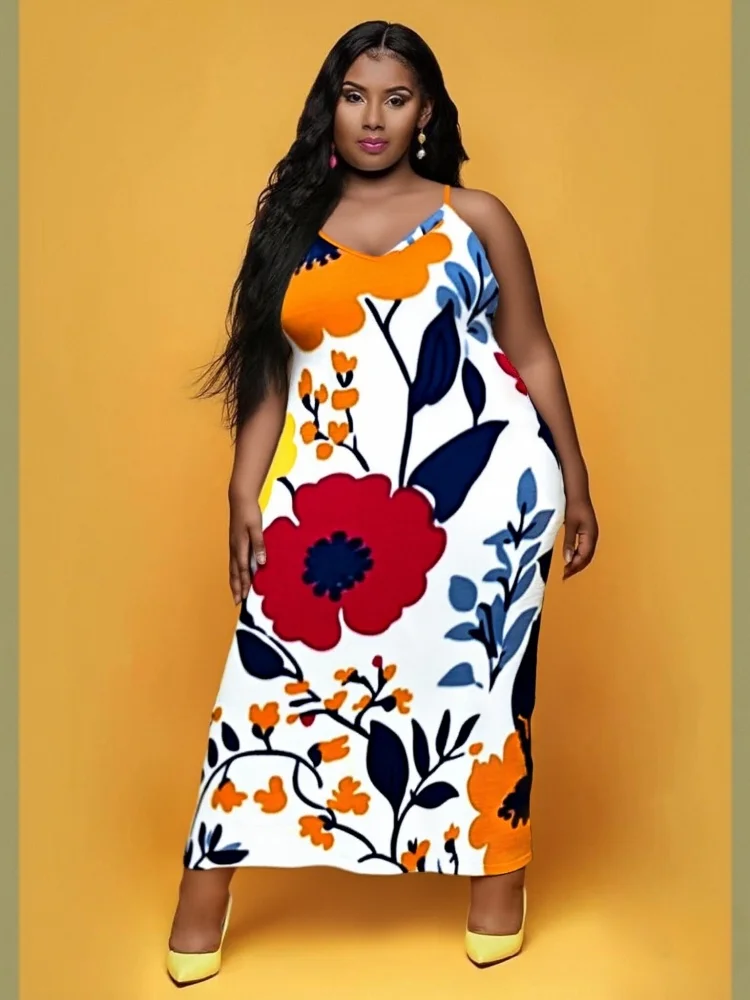 

Plus Sized Women's Floral Printed Maxi Dresses Vintage V-neck Spaghetti Strap Long Sundress Holiday Party Sexy Outfits Oversized