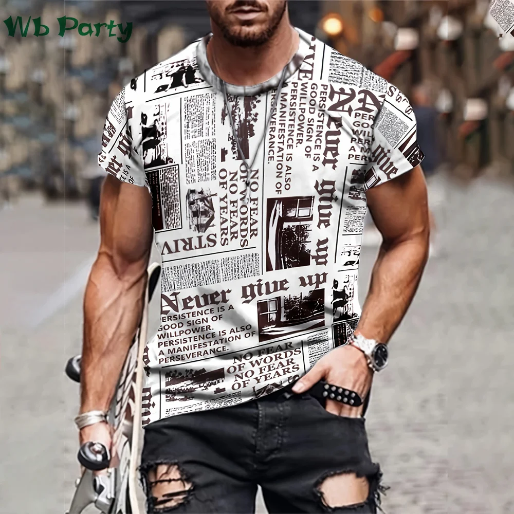Summer Vintage Newspaper Print Mens Designer Clothes Men\'s Summer Clothes T-shirt Short Sleeve Tee Newspaper Shirts Graphic Tee